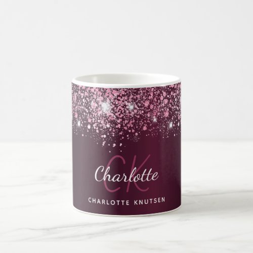 Burgundy pink glitter name script  coffee mug