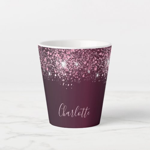 Burgundy pink glitter name script latte mug