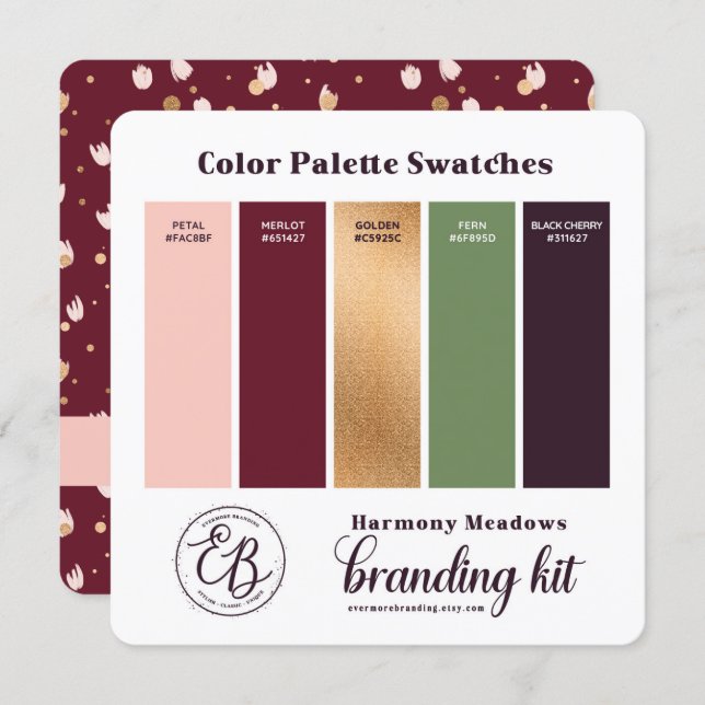 Burgundy Pink & Gold Color Palette Swatch Card (Front/Back)