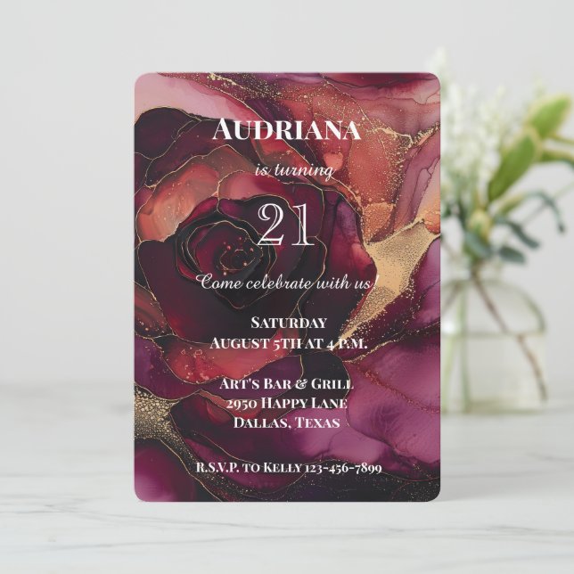 Burgundy Pink Gold Floral Birthday Invitation (Standing Front)