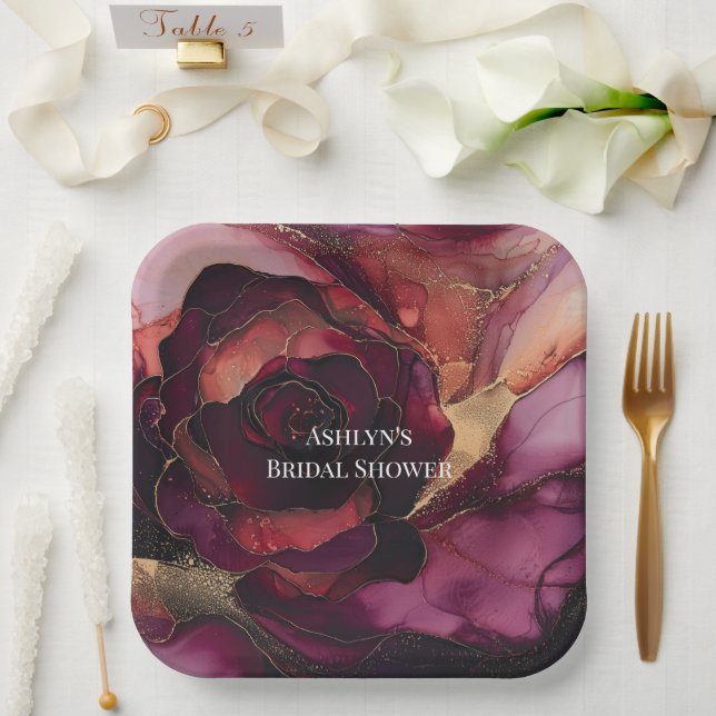 Burgundy Pink Gold Floral Bridal Shower Paper Plates (Wedding)