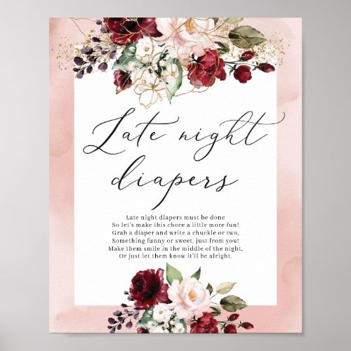 Burgundy pink gold floral late night diapers sign