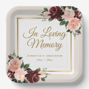 Burgundy Pink Gold Floral Memorial Funeral Paper Plates