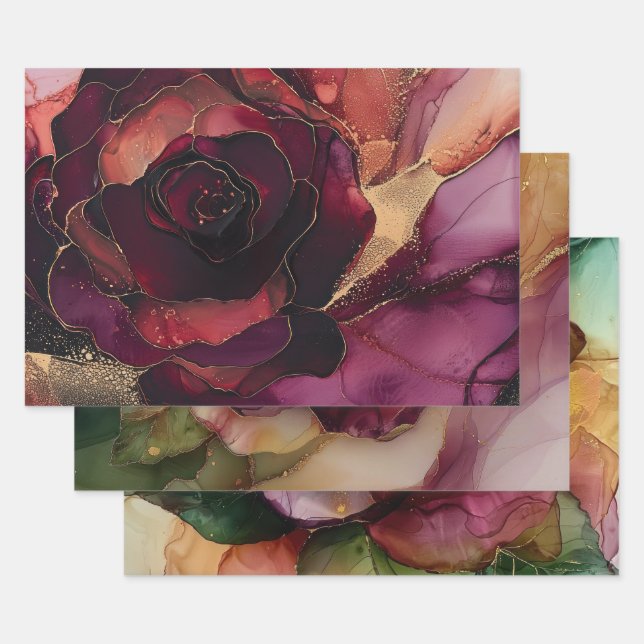 Burgundy Pink Gold Floral  Wrapping Paper Sheets (Set)