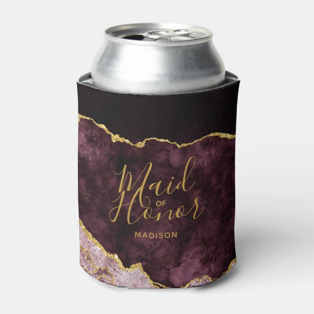 Burgundy Pink Gold Foil Agate Marble Maid of Honor Can Cooler (Can Front)