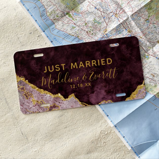 Burgundy Pink Gold Foil Agate Wedding Just Married License Plate (In Situ)