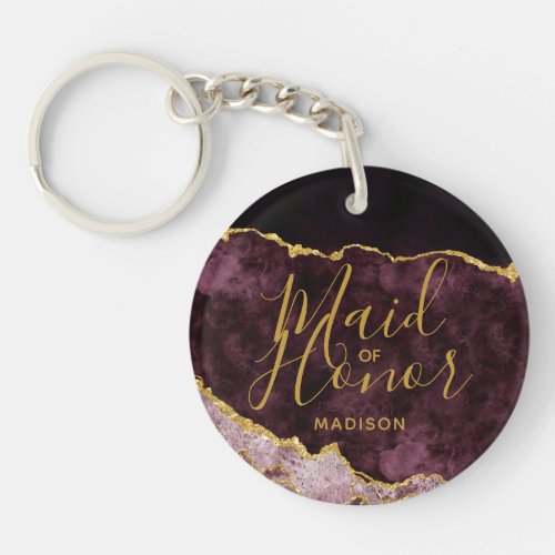 Burgundy Pink Gold Foil Agate Wreath Maid of Honor Keychain