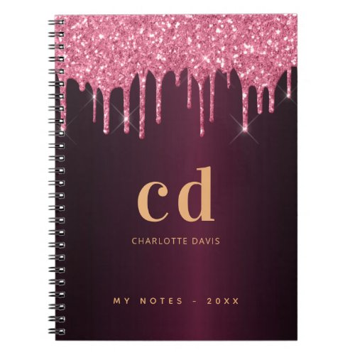 Burgundy pink gold glitter drips monogram name notebook