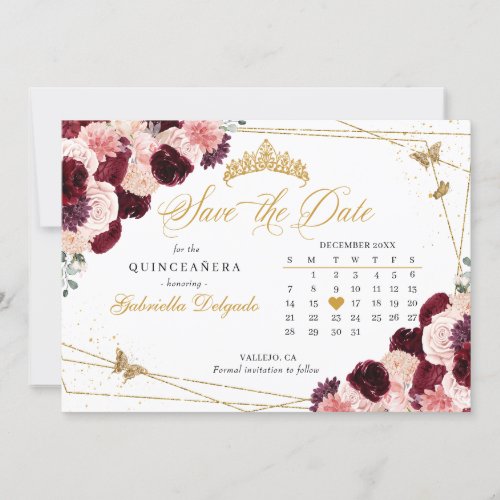 Burgundy Pink  Gold Quinceaera Save The Date Invitation
