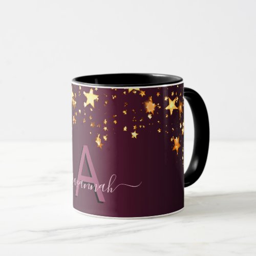 Burgundy pink gold stars dripping monogram script mug