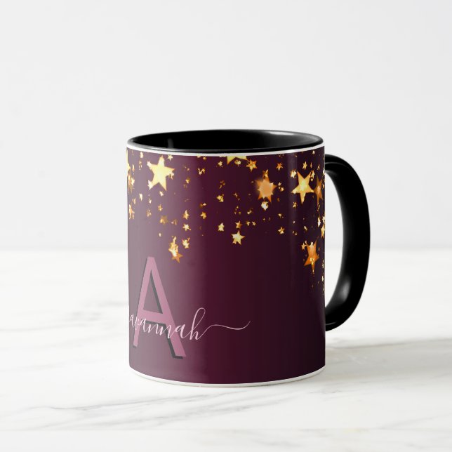 Burgundy pink gold stars dripping monogram script mug (Front Right)