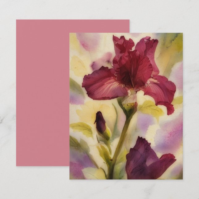 Burgundy Pink Iris Flower Art Note Card Set (Front/Back)