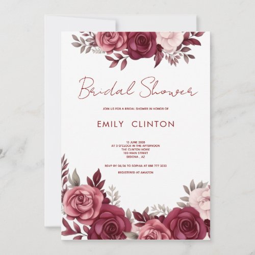 Burgundy pink ivory floral  bridal shower invite