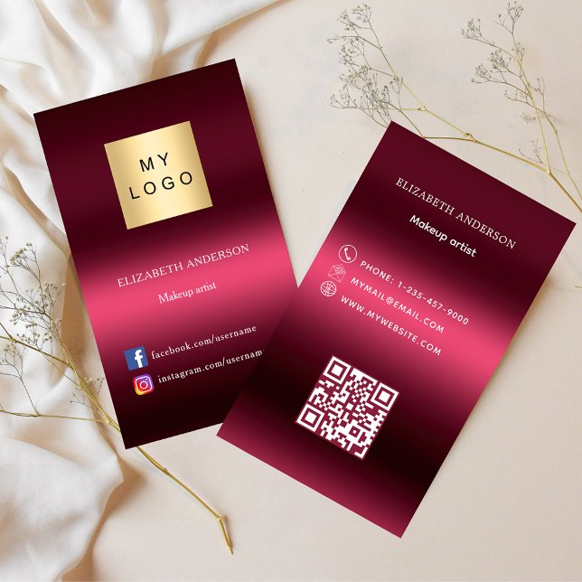 Burgundy pink logo Qr code social media Business Card (Creator Uploaded)