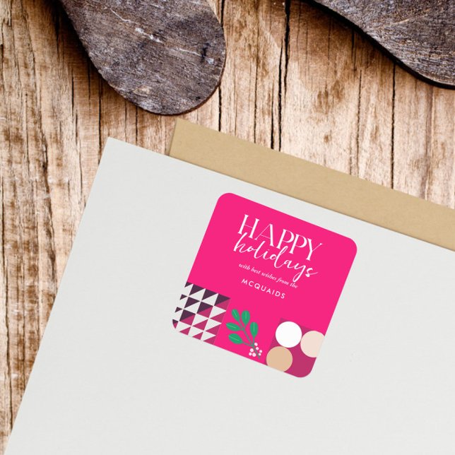  Burgundy Pink Modern Geometric Christmas Square Sticker (Modern Geometric Pink Christmas Square Sticker)