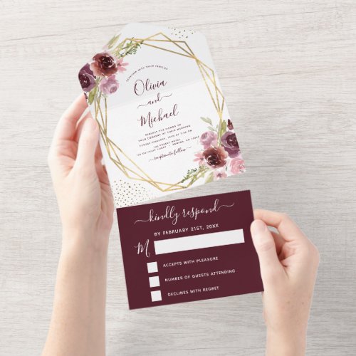 Burgundy Pink Modern Geometric Floral Wedding All In One Invitation