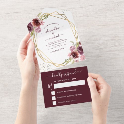 Burgundy Pink Modern Geometric Floral Wedding RSVP All In One Invitation