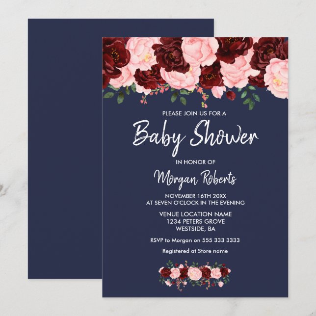 Burgundy Pink Navy Blue Floral Baby Shower Invite (Front/Back)