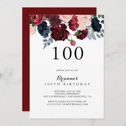 Burgundy Pink Navy Floral 100th Birthday Party   Invitation