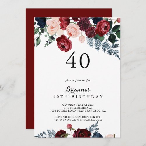 Burgundy Pink Navy Floral 40th Birthday Party   Invitation