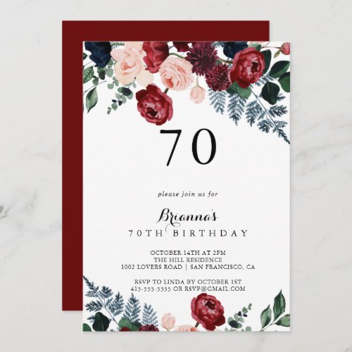 Burgundy Pink Navy Floral 70th Birthday Party Invitation