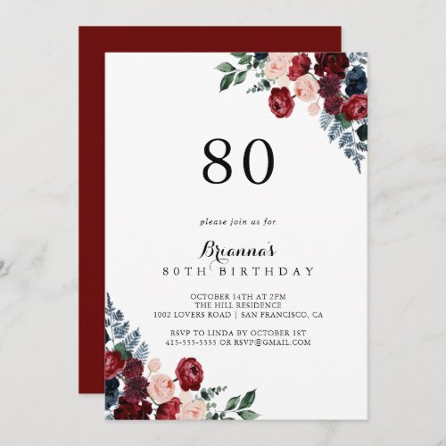 Burgundy Pink Navy Floral 80th Birthday Party Invitation