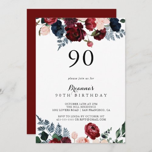 Burgundy Pink Navy Floral 90th Birthday Party  Invitation