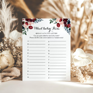 Burgundy Pink Navy Floral ABC Baby Shower Game