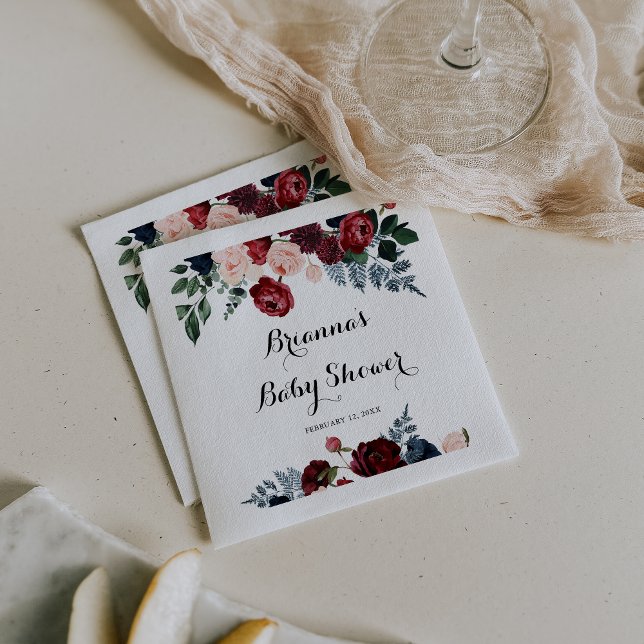 Burgundy Pink Navy Floral Baby Shower  Napkins (Creator Uploaded)