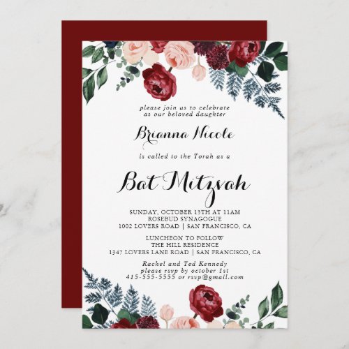 Burgundy Pink Navy Floral Bat Mitzvah  Invitation