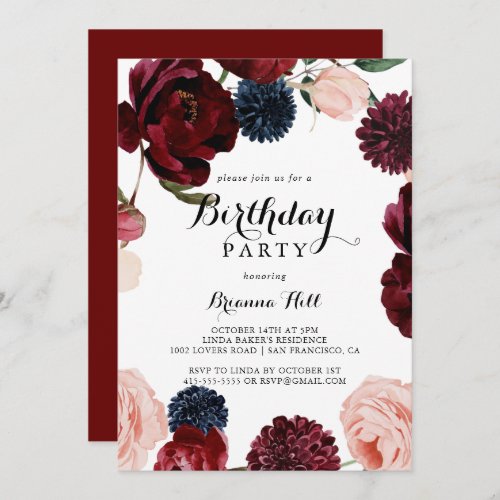 Burgundy Pink Navy Floral Birthday Party  Invitation