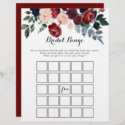 Burgundy Pink Navy Floral Bridal Bingo Game