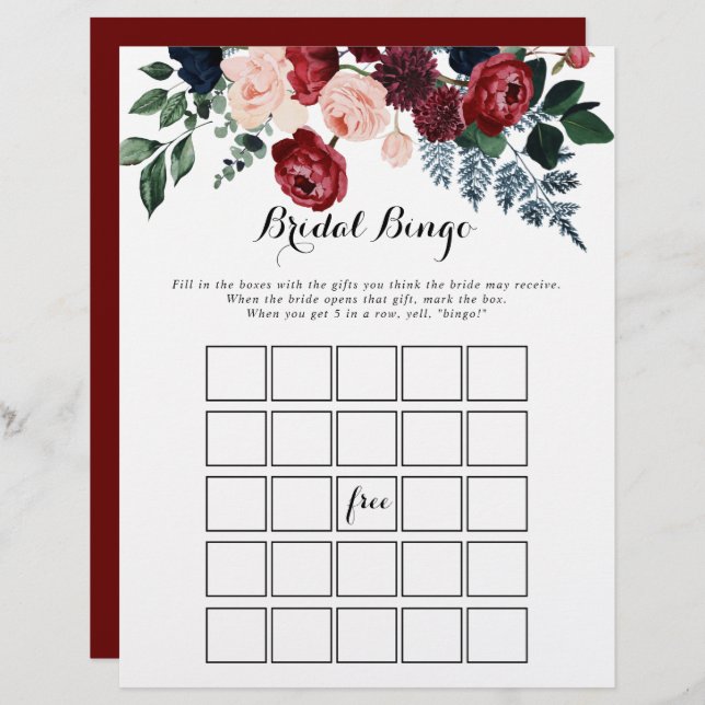 Burgundy Pink Navy Floral Bridal Bingo Game (Front/Back)