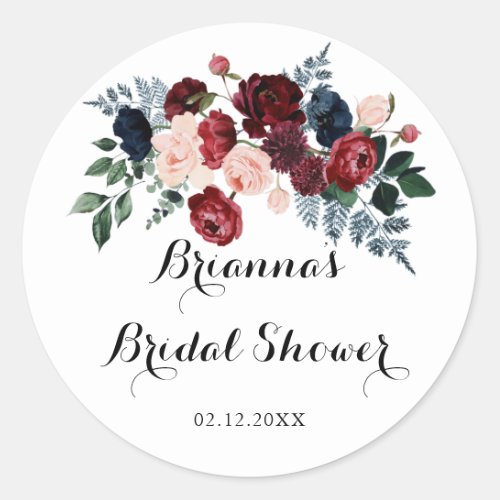Burgundy Pink Navy Floral Bridal Shower Favor Classic Round Sticker
