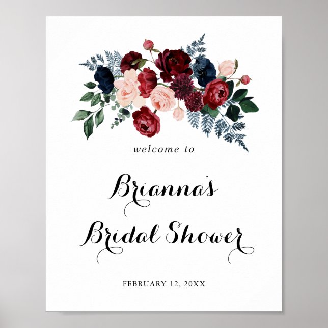 Burgundy Pink Navy Floral Bridal Shower Welcome  Poster (Front)
