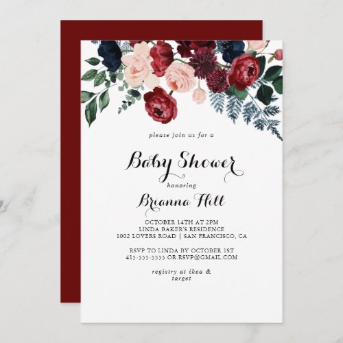 Burgundy Pink Navy Floral Calligraphy Baby Shower Invitation