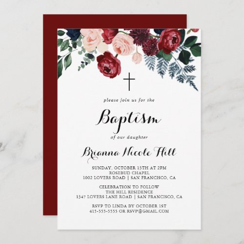 Burgundy Pink Navy Floral Calligraphy Baptism  Invitation