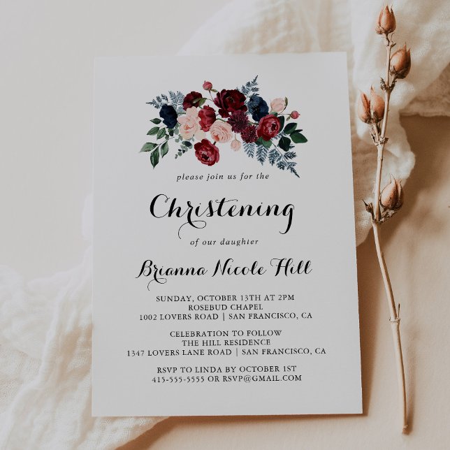 Burgundy Pink Navy Floral Calligraphy Christening Invitation (Creator Uploaded)
