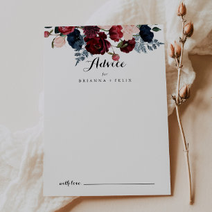 Burgundy Pink Navy Floral Calligraphy Wedding Advice Card