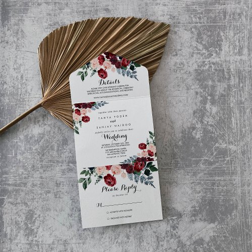 Burgundy Pink Navy Floral Calligraphy Wedding    All In One Invitation