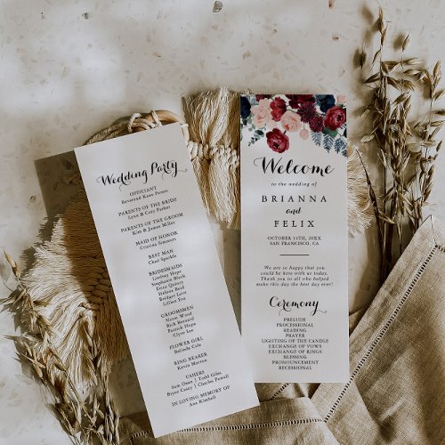 Burgundy Pink Navy Floral Calligraphy Wedding  Program