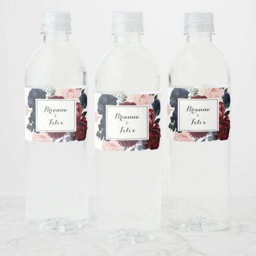 Burgundy Pink Navy Floral Calligraphy Wedding  Water Bottle Label