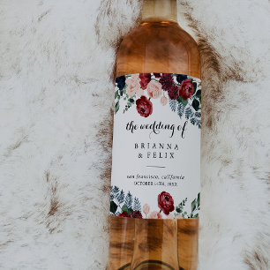 Burgundy Pink Navy Floral Calligraphy Wedding Wine Label