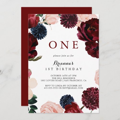 Burgundy Pink Navy Floral First Birthday Party  Invitation