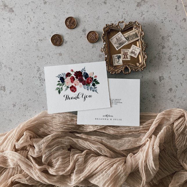 Burgundy Pink Navy Floral Flat Wedding  Thank You Card (Creator Uploaded)