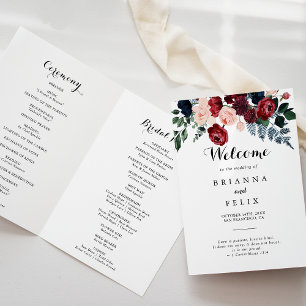 Burgundy Pink Navy Floral Folded Wedding  Program