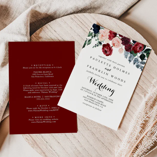 Burgundy Pink Navy Floral Front & Back Wedding Invitation | Zazzle