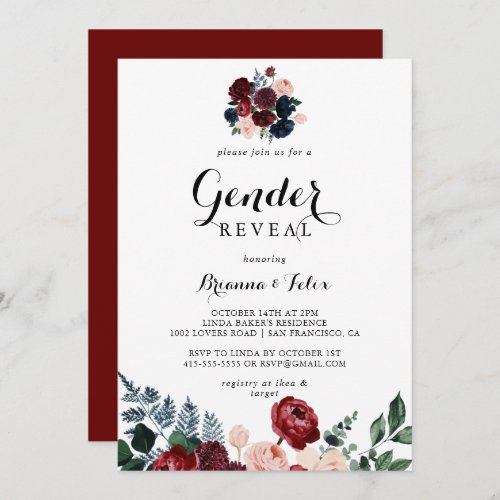 Burgundy Pink Navy Floral Gender Reveal Party Invitation