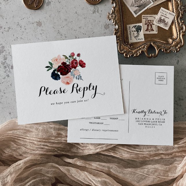 Burgundy Pink Navy Floral Menu Choice RSVP  (Creator Uploaded)