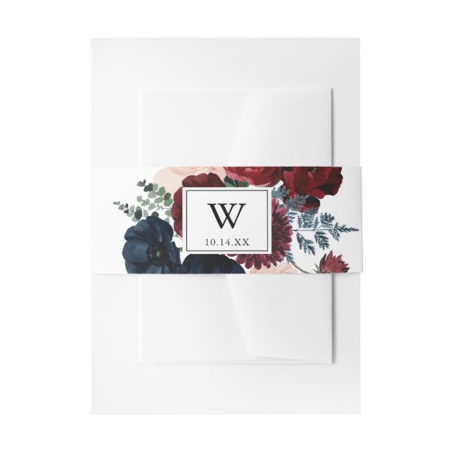 Burgundy Pink Navy Floral Monogram Wedding   Invitation Belly Band (Front Example)